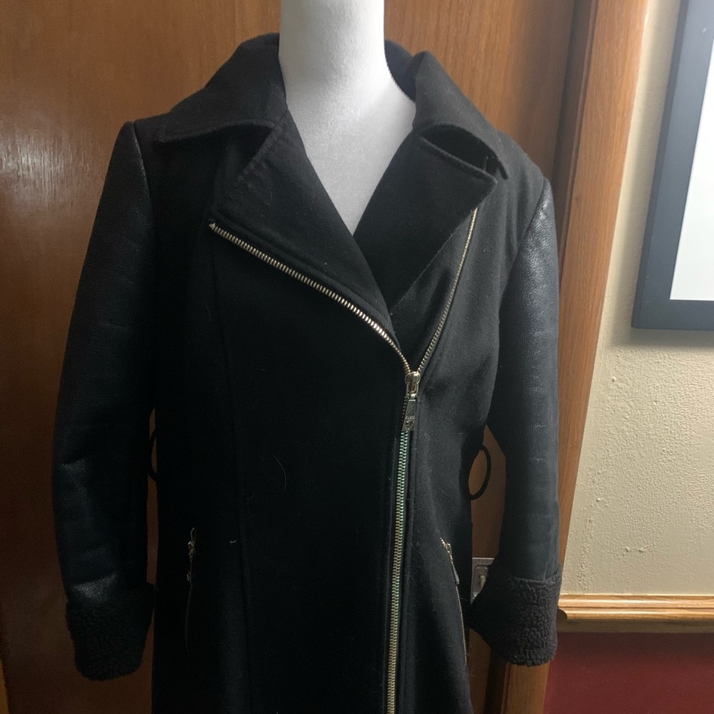 GUESS: Coat Jacket Asymmetrical Zipper Black Gold Size Large Peacoat L